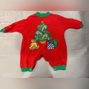 VTG Festive Red Baby Onesie with Christmas Tree Design